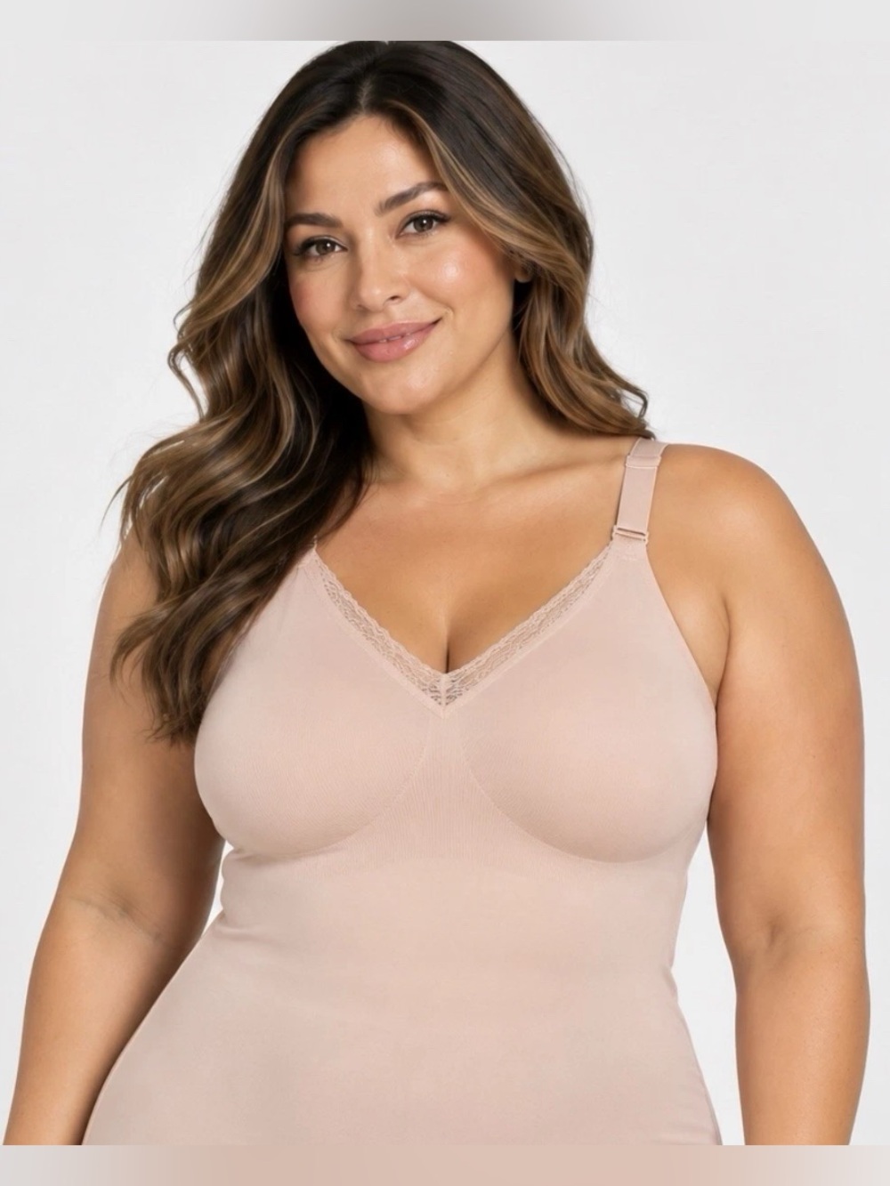 Evelyn & Bobbie Lace Trimmed V-Neck Seamless Bra Cami Himalayan Salt 2XL-A704715